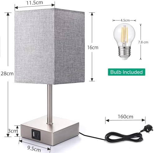 EDISHINE Bedside Lamps Set of 2 – 3-Way Dimmable Touch Lamps with USB