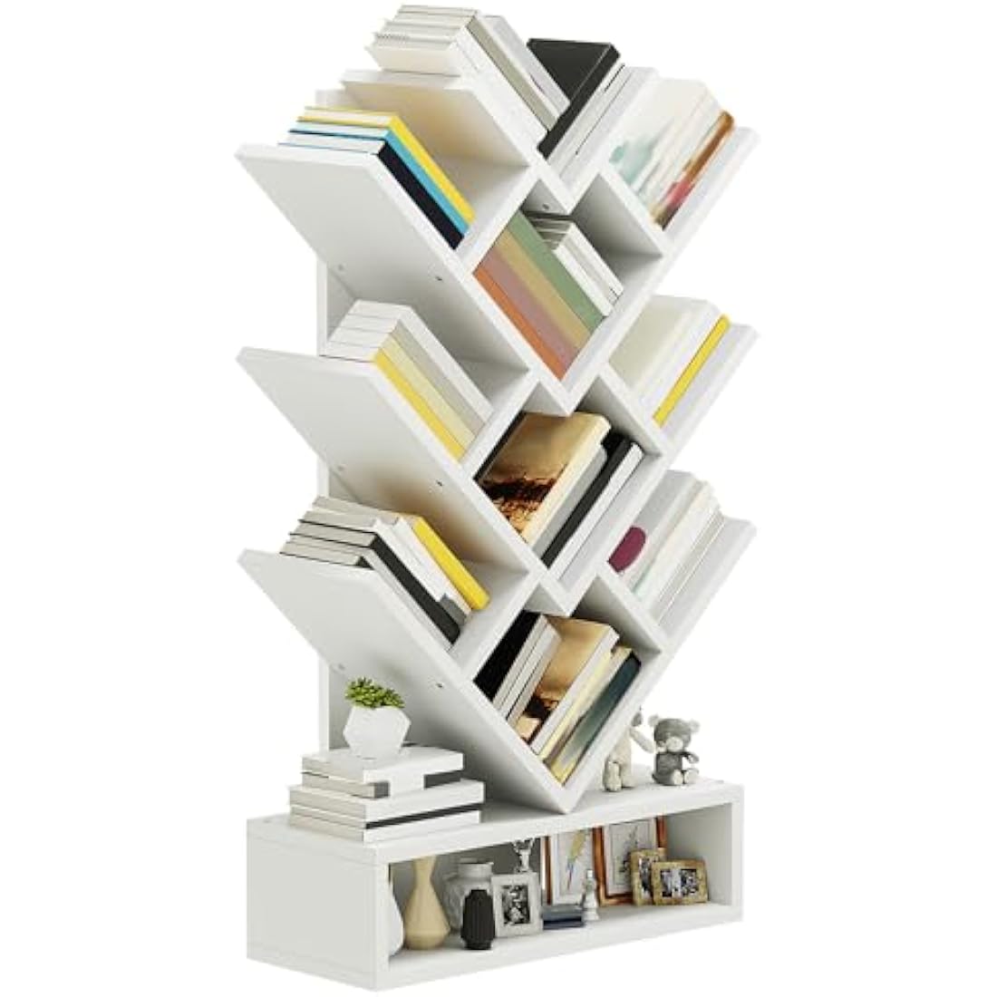 YITAHOME Tree Bookshelf – 8-Tier Geometric Bookcase with Drawer, White