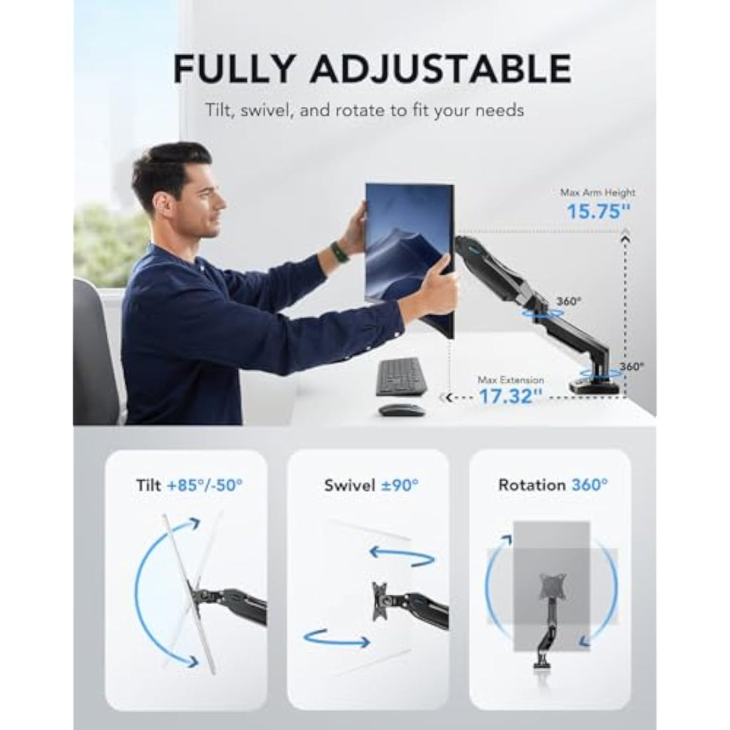 HUANUO Single Monitor Arm – Height Adjustable VESA Mount for 13-32" Screens