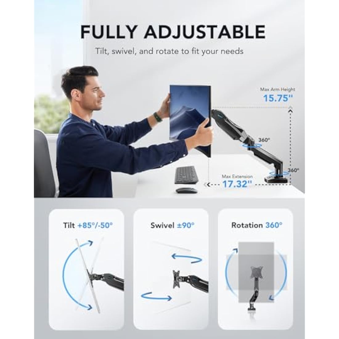 HUANUO Single Monitor Arm – Height Adjustable VESA Mount for 13-32" Screens