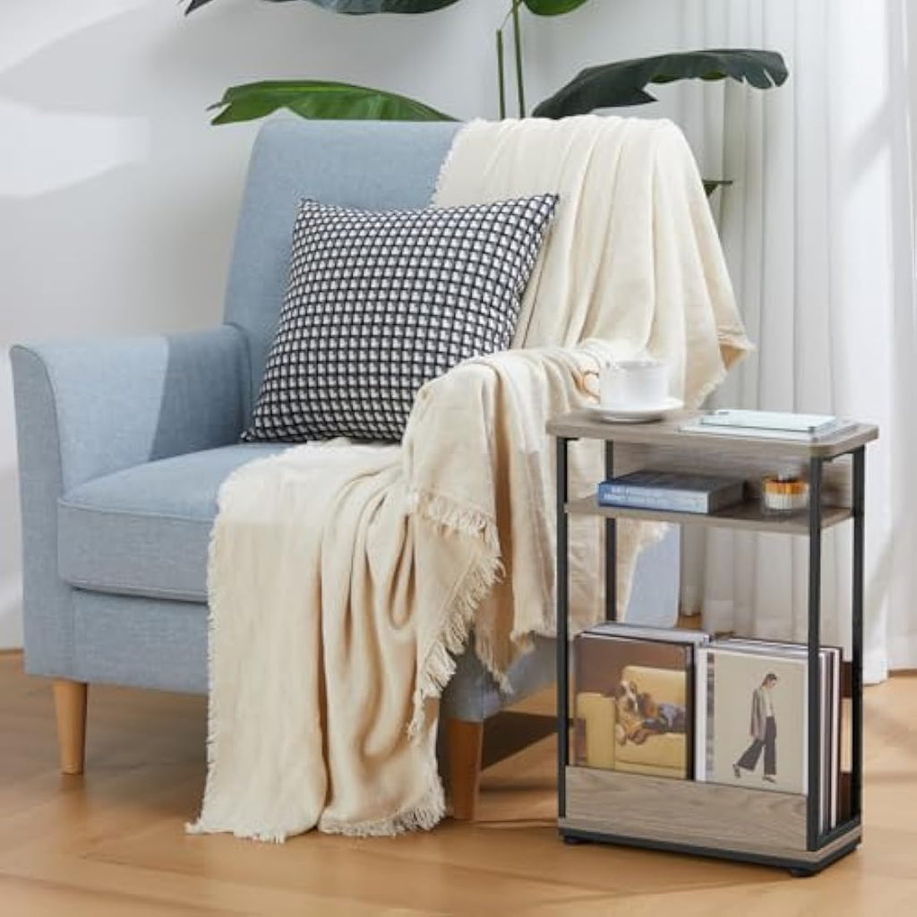 Jolof Store Narrow Side Table – Rustic Oak Nightstand with Magazine Rack
