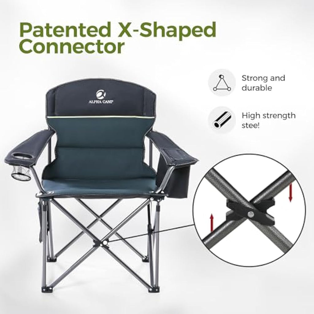 ALPHA CAMP Heavy Duty Folding Camping Chair with Cooler Bag – Green