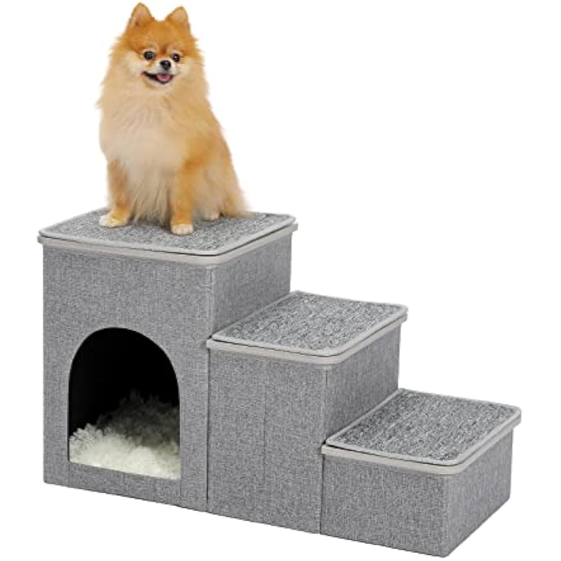PETEPELA 3-Step Foldable Dog Stairs with Storage for High Bed – Grey
