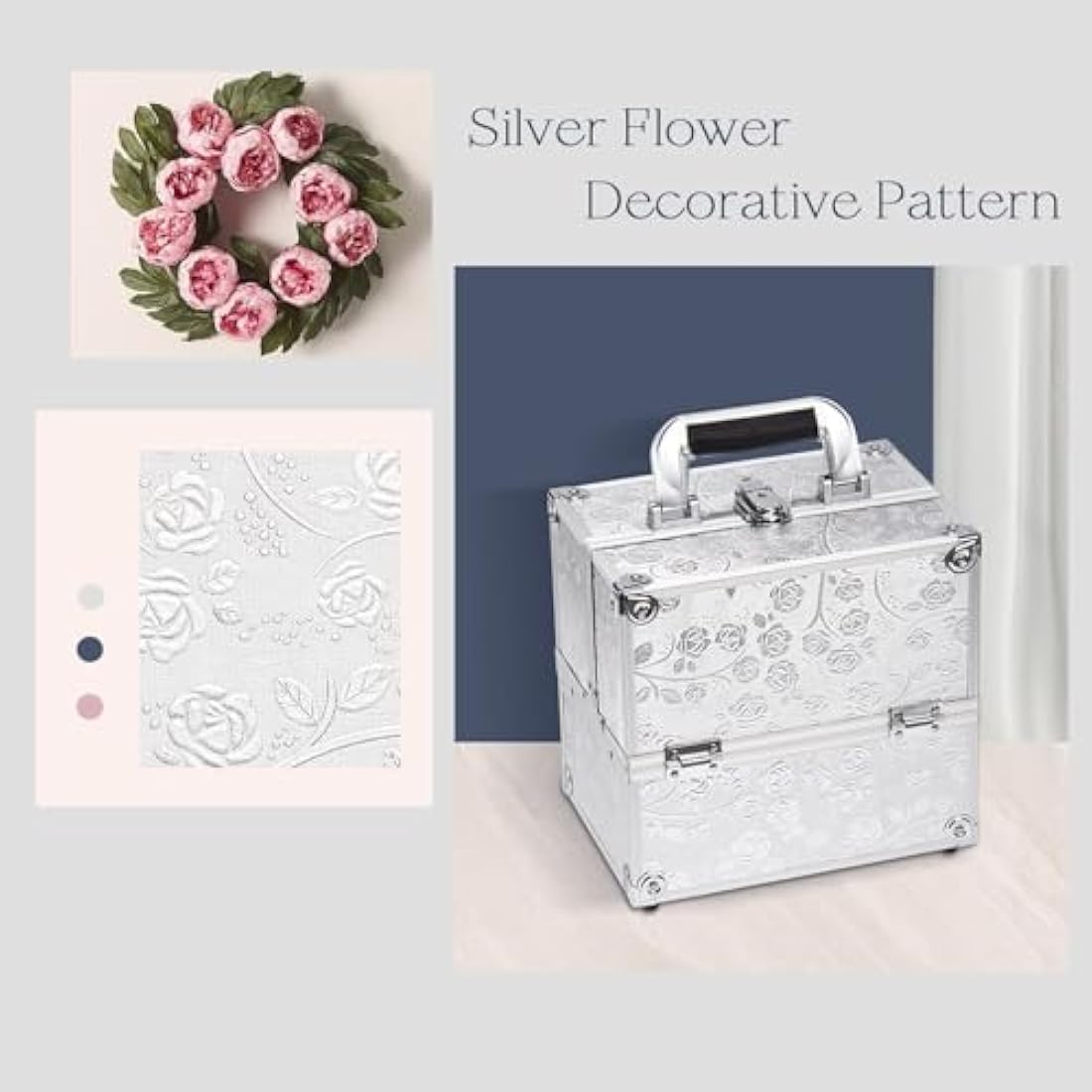Jolof Store Makeup Train Case | Silver Rose Aluminum Beauty Box
