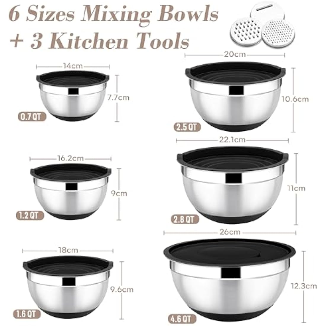 Onader Stainless Steel Mixing Bowls Set - 6-Piece with Lids and Graters