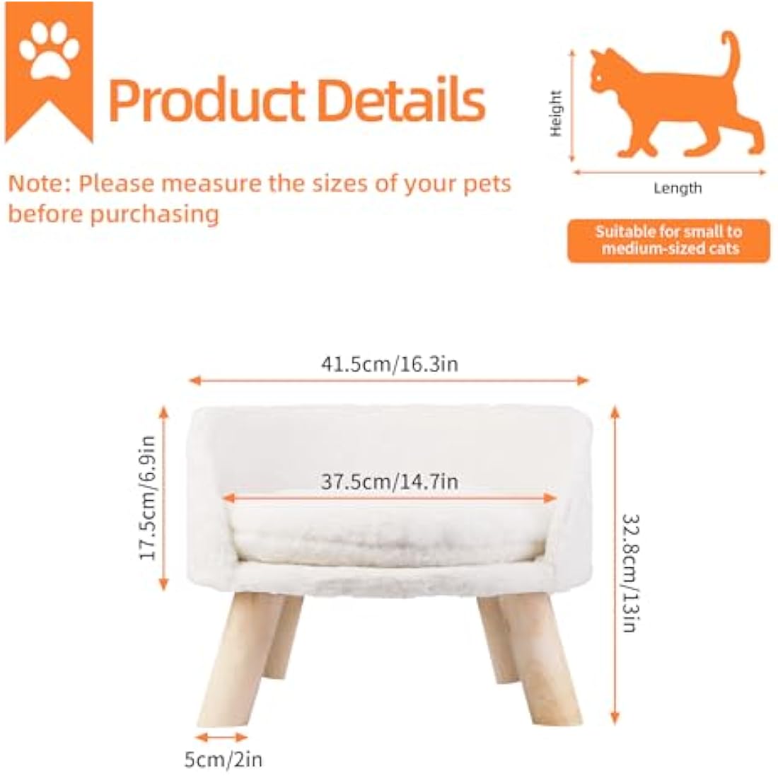 BingoPaw Elevated Cat Sofa Bed | Raised Wooden Pet Stool with Washable Mat