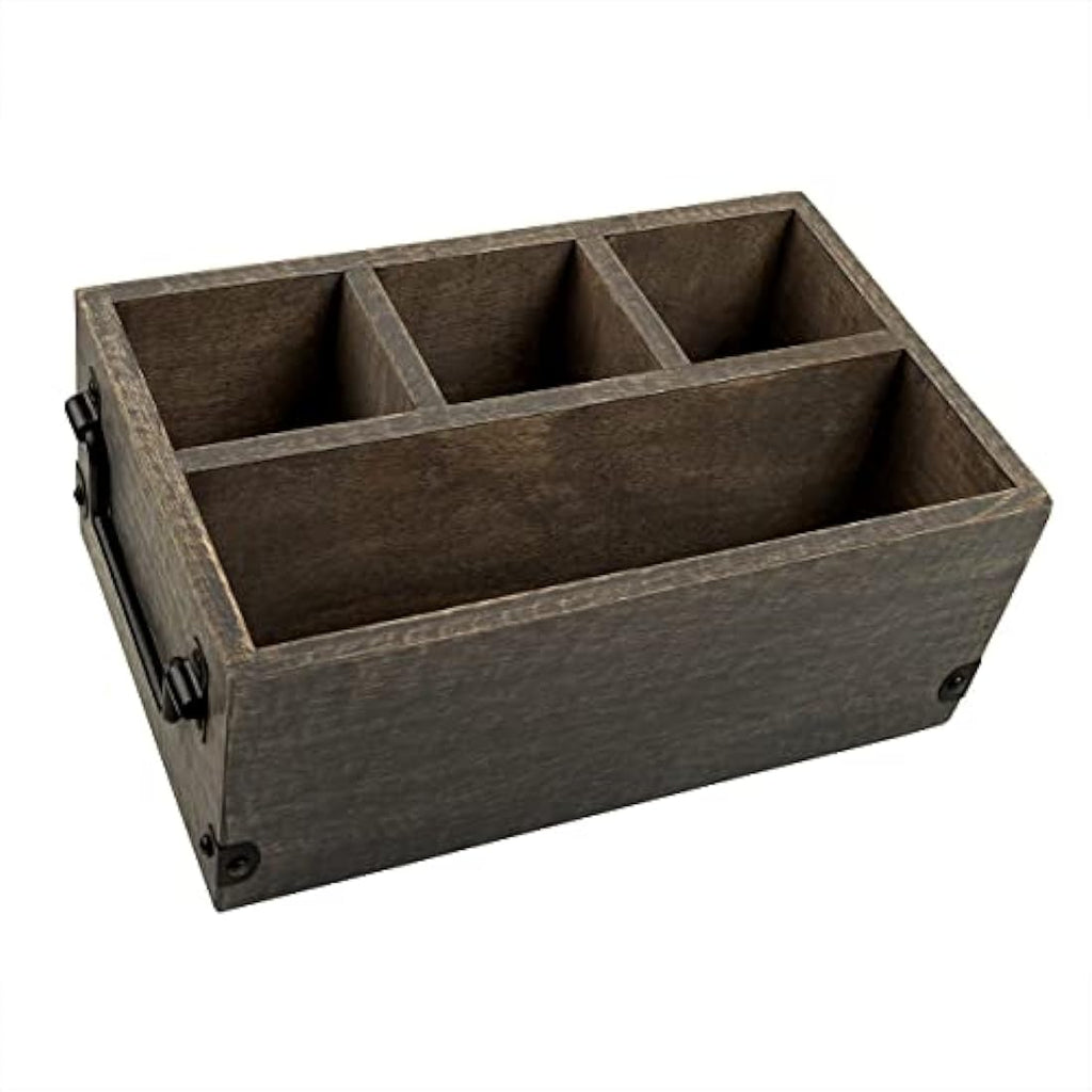 GoCraft Grey Washed Mango Wood 4-Compartment Flatware and Napkin Caddy