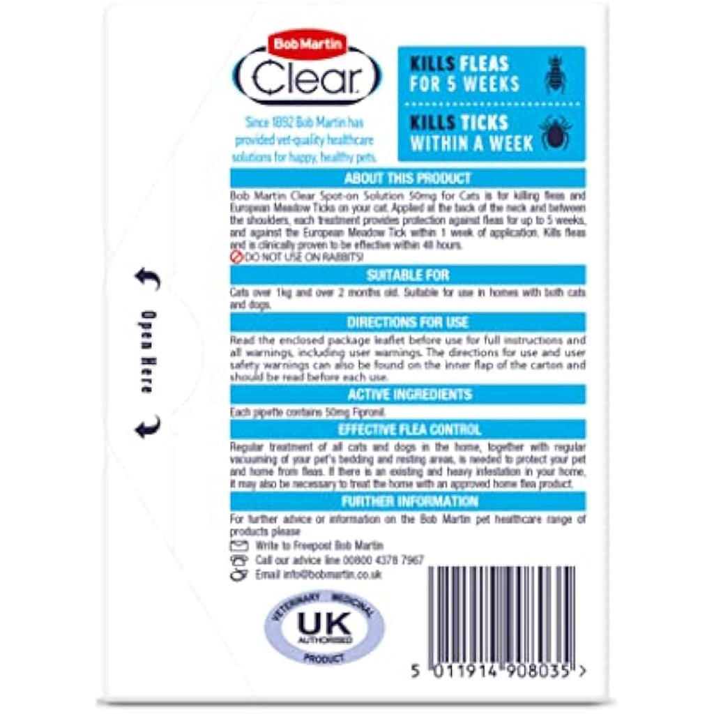 Bob Martin Clear Flea & Tick Spot On Treatment for Cats - 3 Pipettes