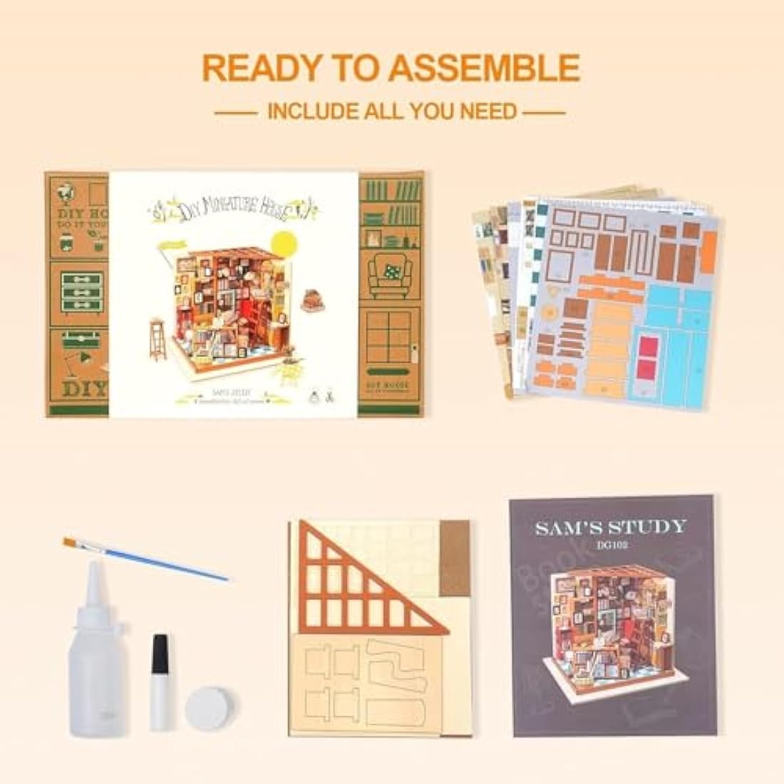 RoWood DIY Miniature Library Dollhouse Kit – 1:24 Scale Wooden Model