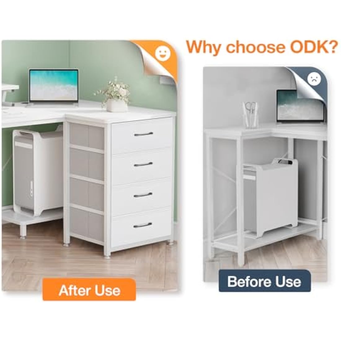 ODK L-Shaped Corner Desk with Drawers, Power Outlets & Monitor Stand - White