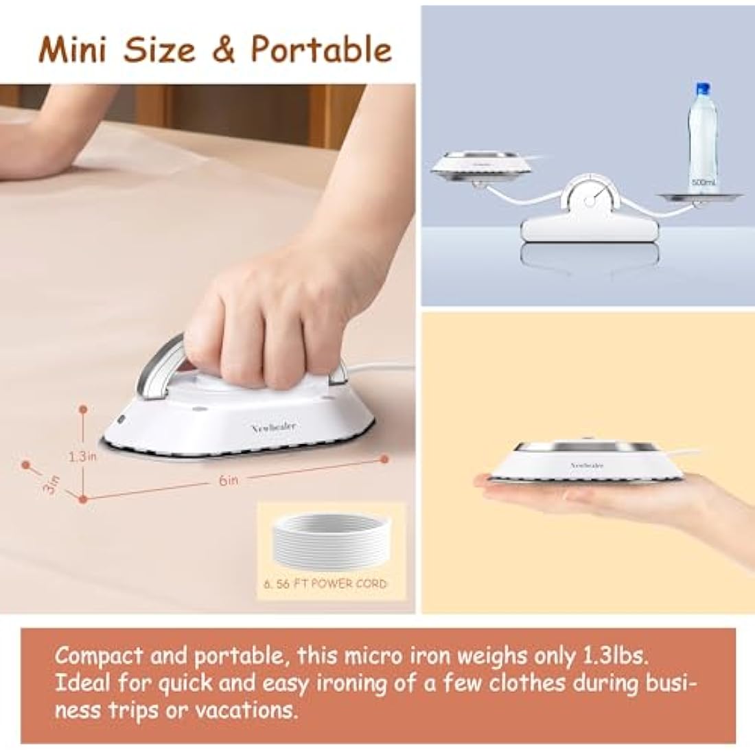 Newbealer Mini Travel Iron – Dual Voltage Compact Iron for Quilting, Silver