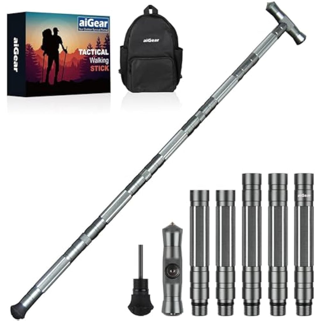 aiGear Tactical Trekking Poles | Adjustable Aluminum Hiking Stick - Gray