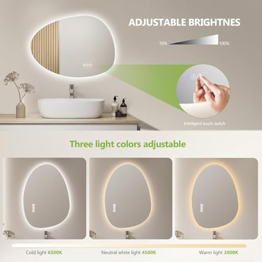S'AFIELINA Asymmetrical LED Bathroom Mirror | 60x45cm Anti-Fog Dimmable