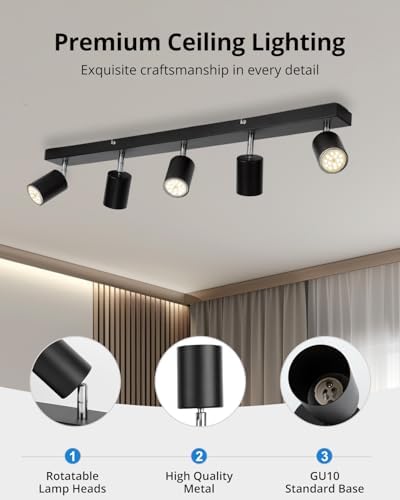 Gr4tec 5-Way LED Ceiling Light | Matte Black Modern GU10 Spotlight Bar