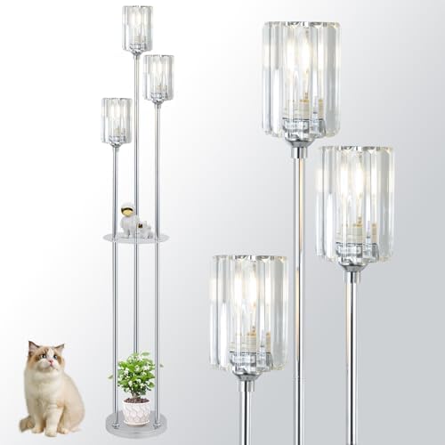 Rayofly 3-Light Crystal Floor Lamp with Shelves | Modern Chrome Standing Lamp