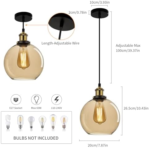 FORCOSO Industrial Glass Pendant Light – Vintage Clear Ball Ceiling Lamp