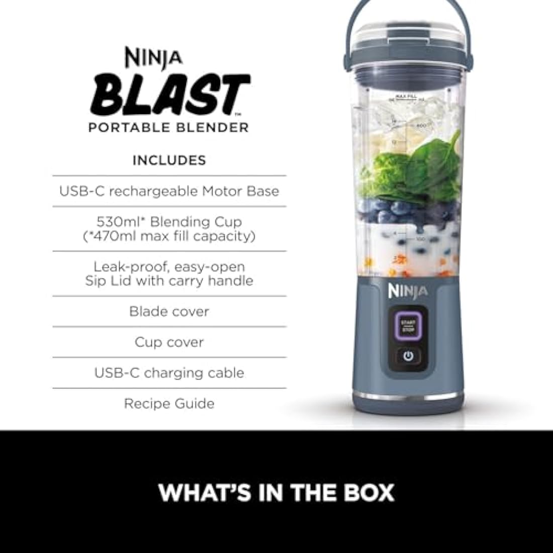 Ninja Blast Portable Blender – 530ml Cordless Smoothie Maker, Denim Blue