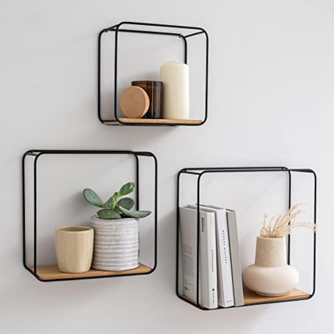 Kazai Jona Floating Wall Shelves – 3-Piece Industrial Oak & Metal Set