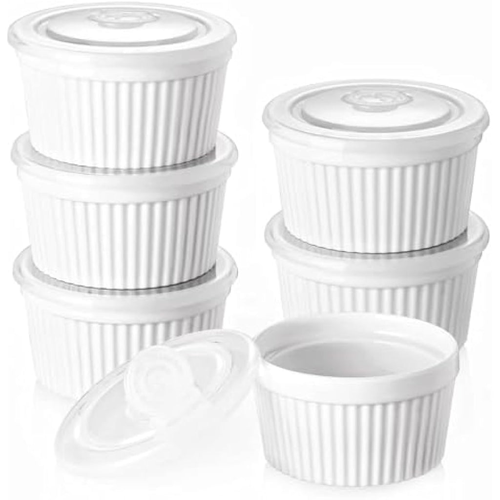 DOWAN 8 oz Porcelain Ramekins with Lids - White Soufflé Dishes, Set of 6