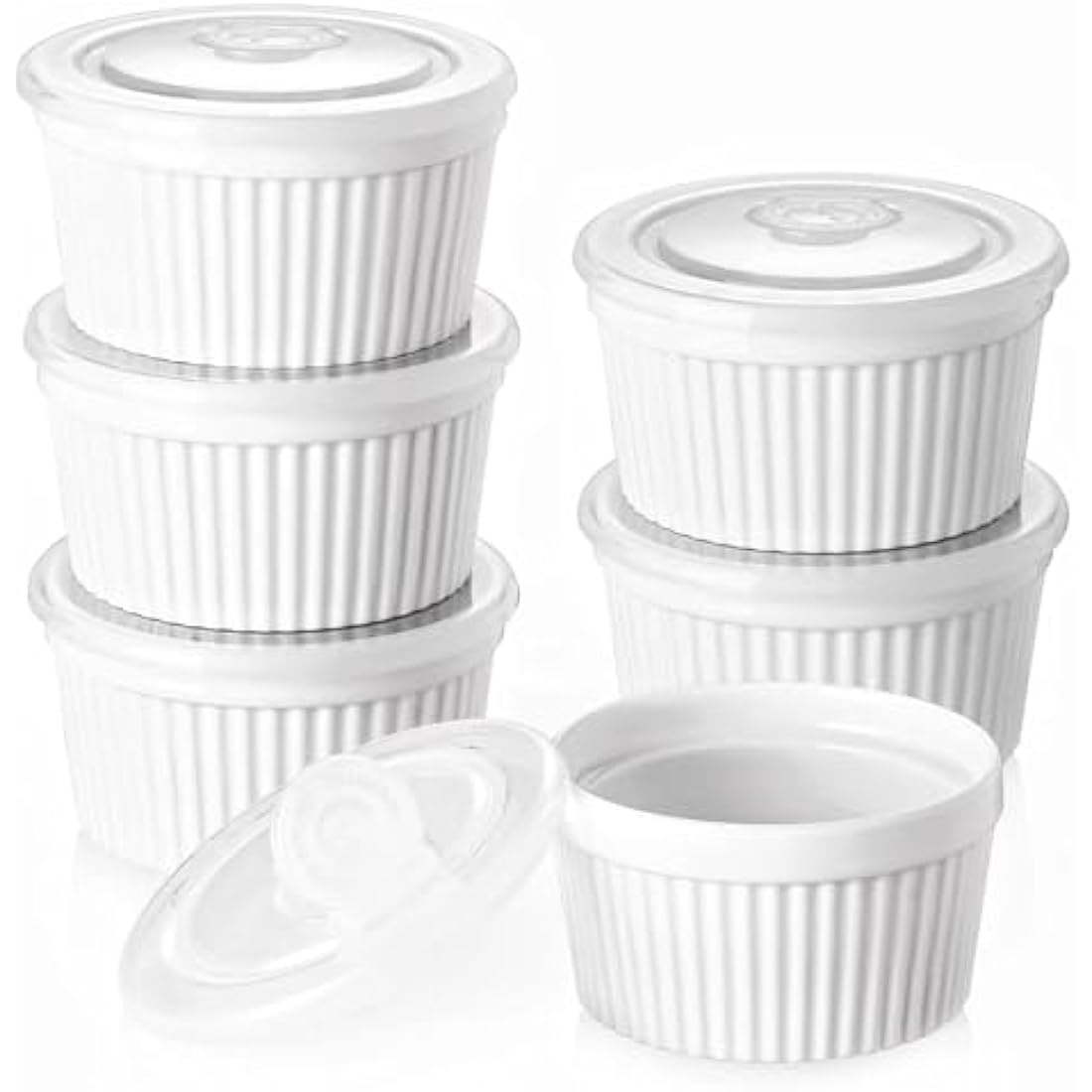 DOWAN 8 oz Porcelain Ramekins with Lids - White Soufflé Dishes, Set of 6