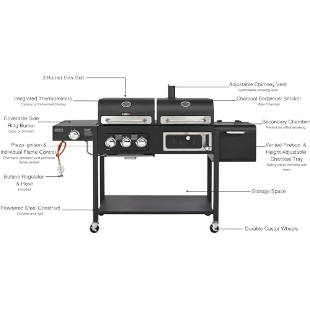 CosmoGrill Hybrid 4 Burner Dual Fuel BBQ | Gas Grill & Charcoal Smoker
