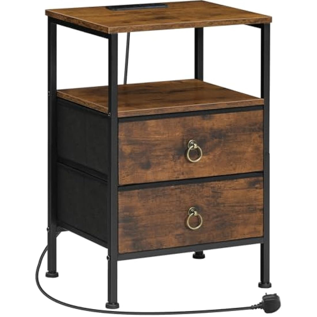 HOOBRO Bedside Table with Charging Station | 2-Drawer Rustic Nightstand