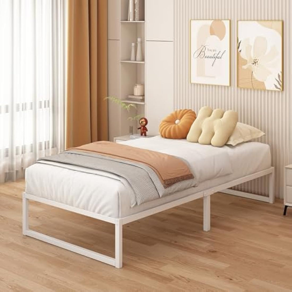Single Metal Bed Frame – 90x190cm Steel Slat Support, White