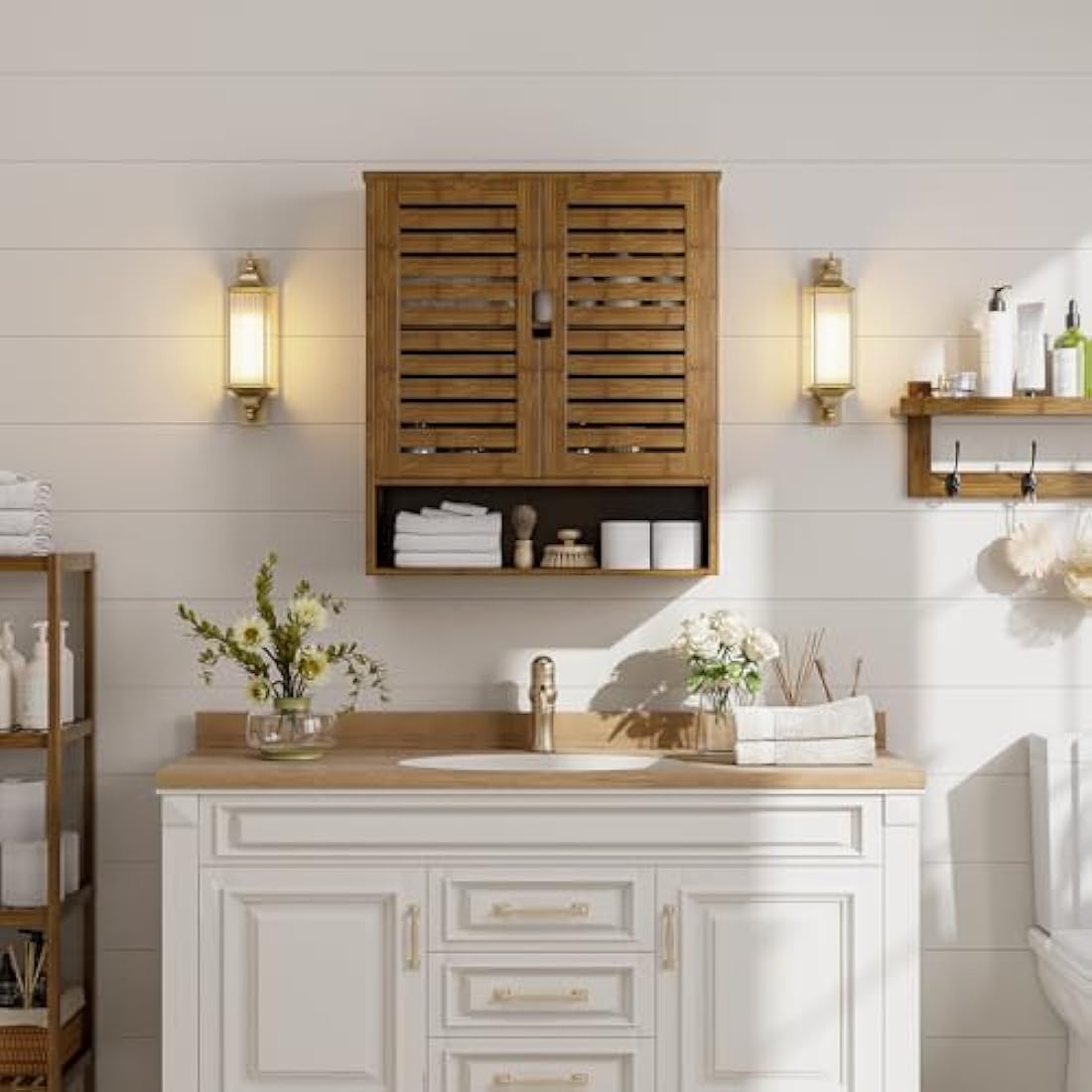 SMIBUY Bamboo Wall Mounted Bathroom Cabinet – Over-The-Toilet Storage, Walnut