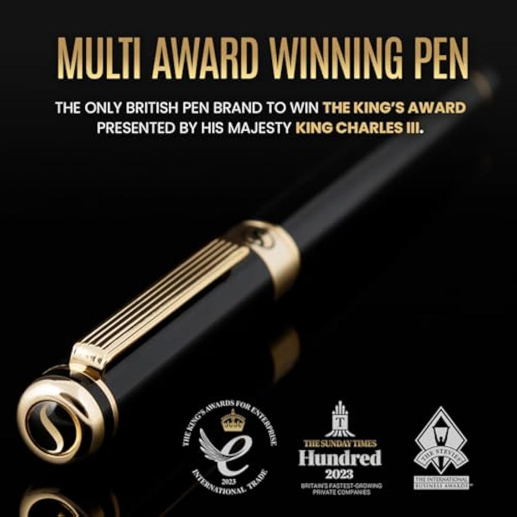 Scriveiner Black Lacquer Fountain Pen | 24K Gold Plating, Fine Nib