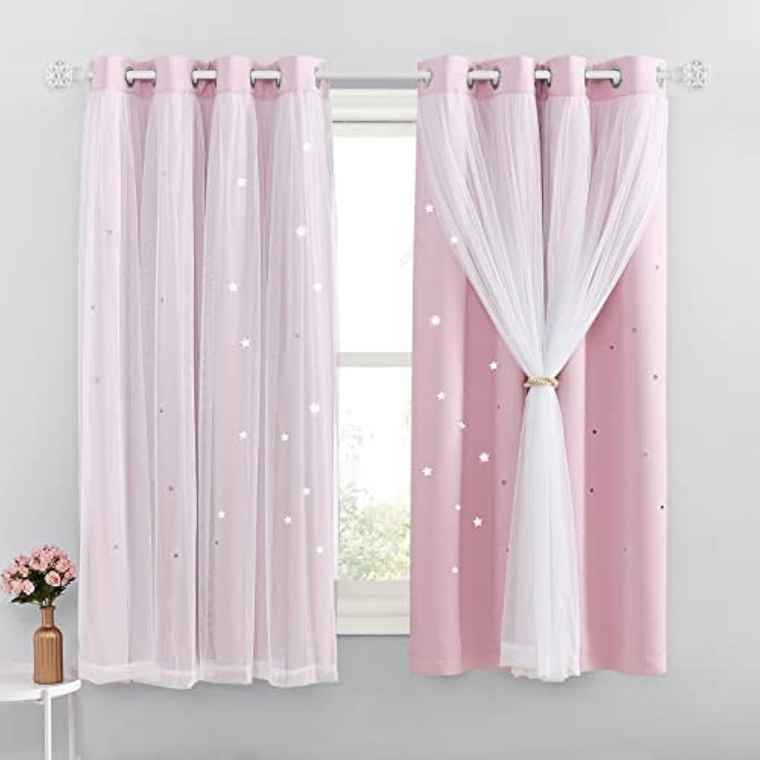 NICETOWN Star Cut Out Blackout Curtains | Pink Thermal 2-Panel Set, 52x63