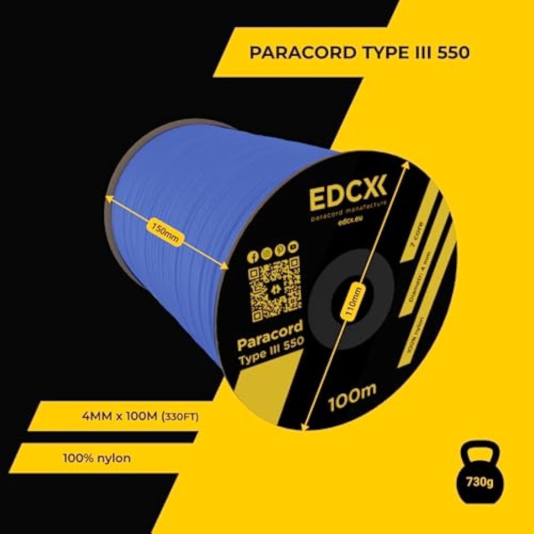 EDCX 550 Paracord Type III – 4mm Nylon Rope for Camping and DIY Crafting