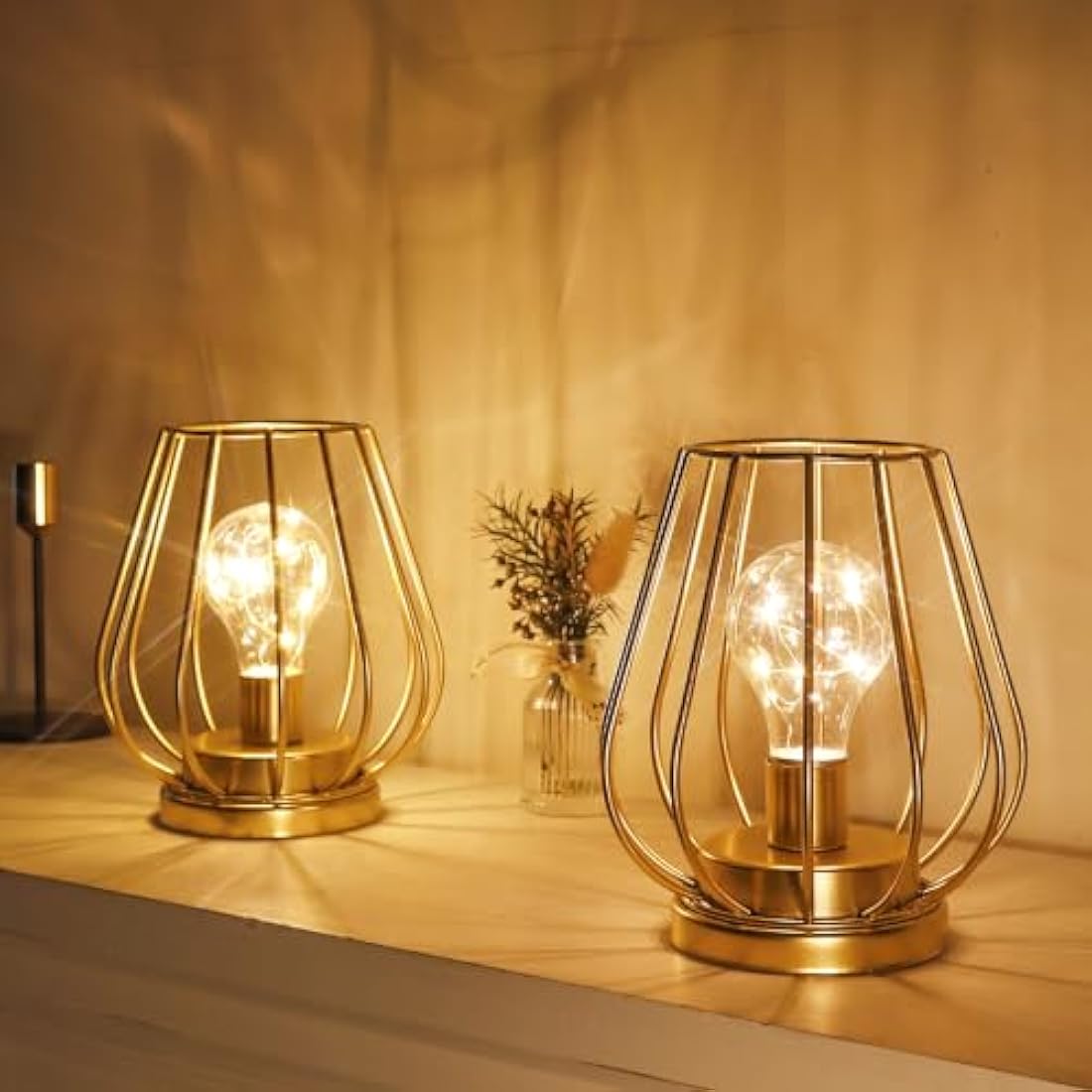 Metal Battery Operated Table Lamp – Set of 2 Gold Cage Lanterns