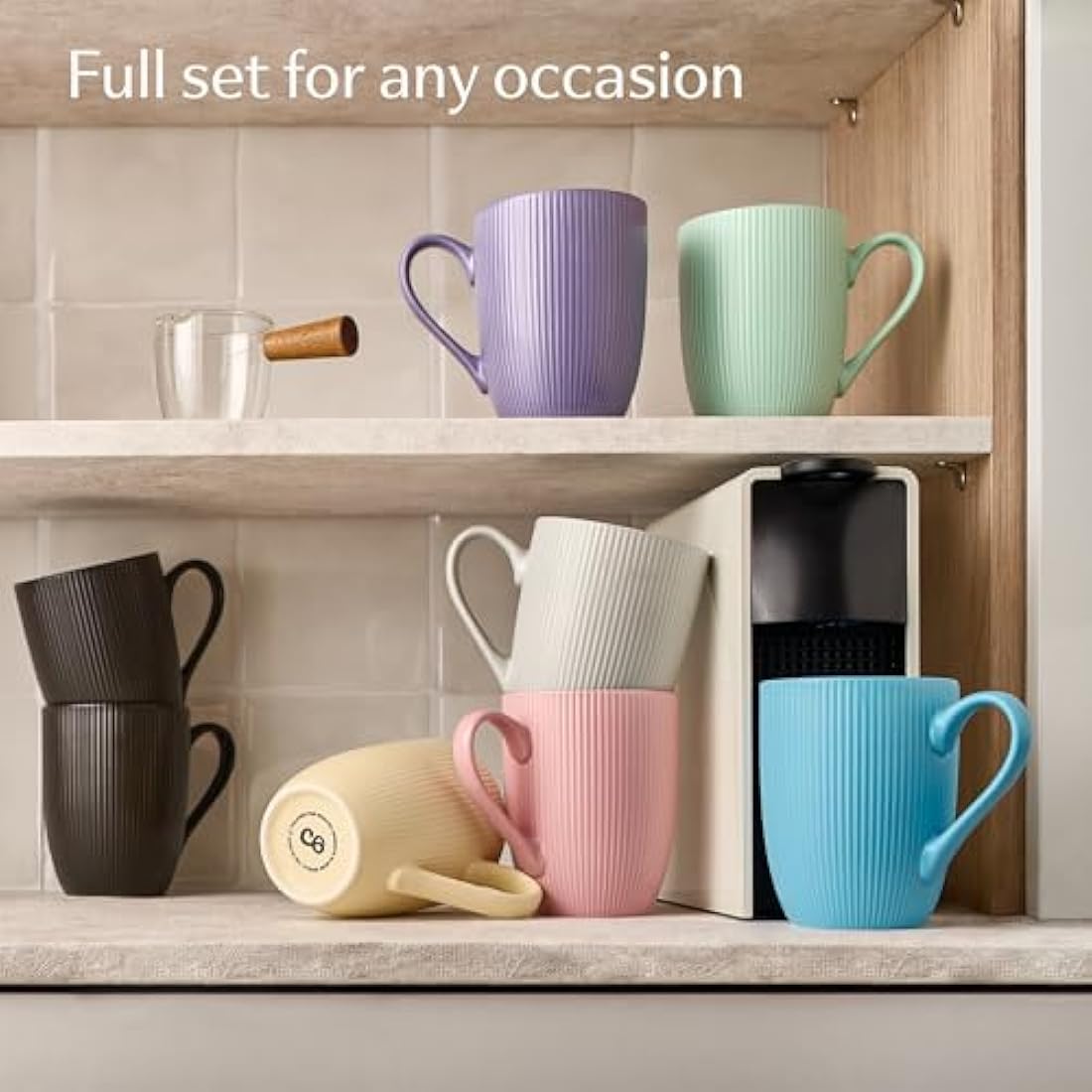 Cosumy Ceramic Coffee Mugs - 350ml Striped Pastel Cups - Set of 6