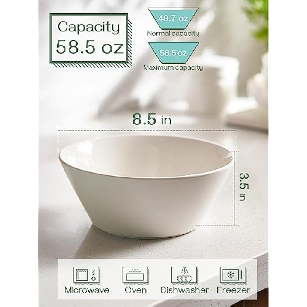 DOWAN Large Ceramic Soup Bowls | 1730ml White Porcelain Salad Bowls, Set of 4