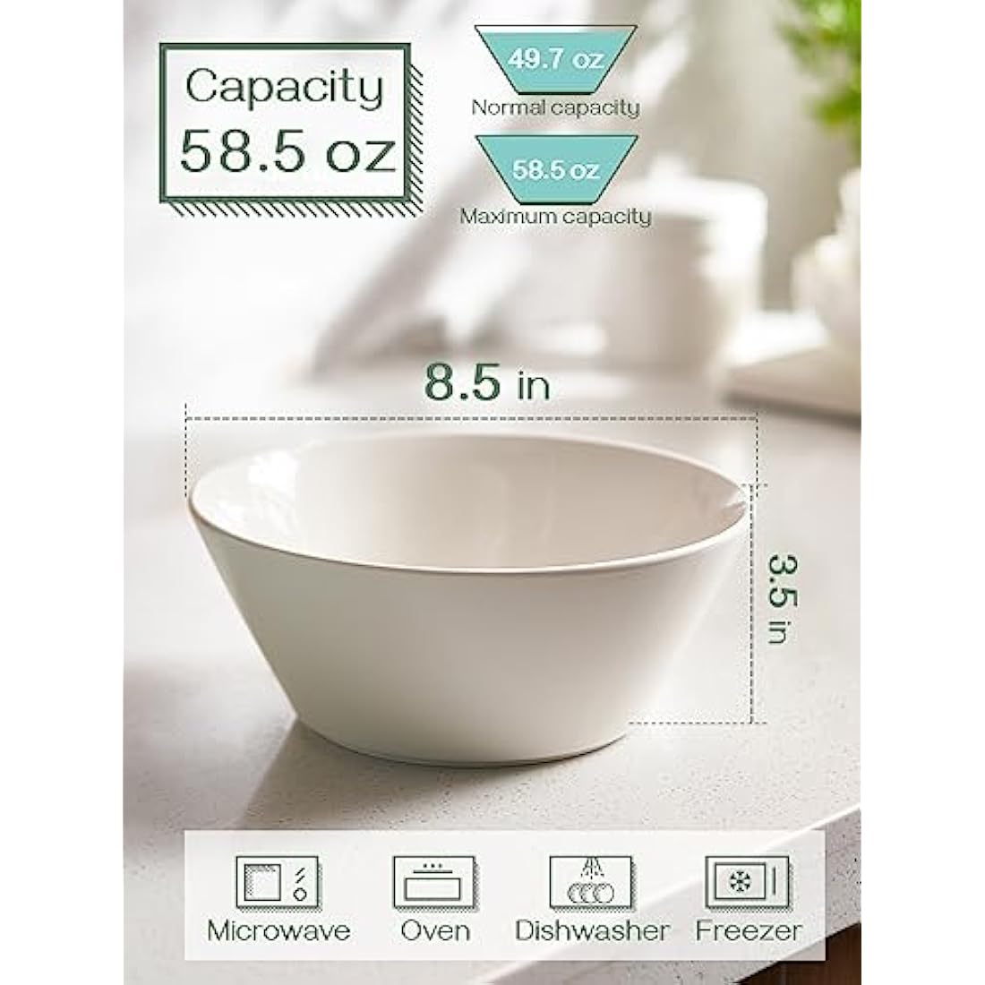 DOWAN Large Ceramic Soup Bowls | 1730ml White Porcelain Salad Bowls, Set of 4