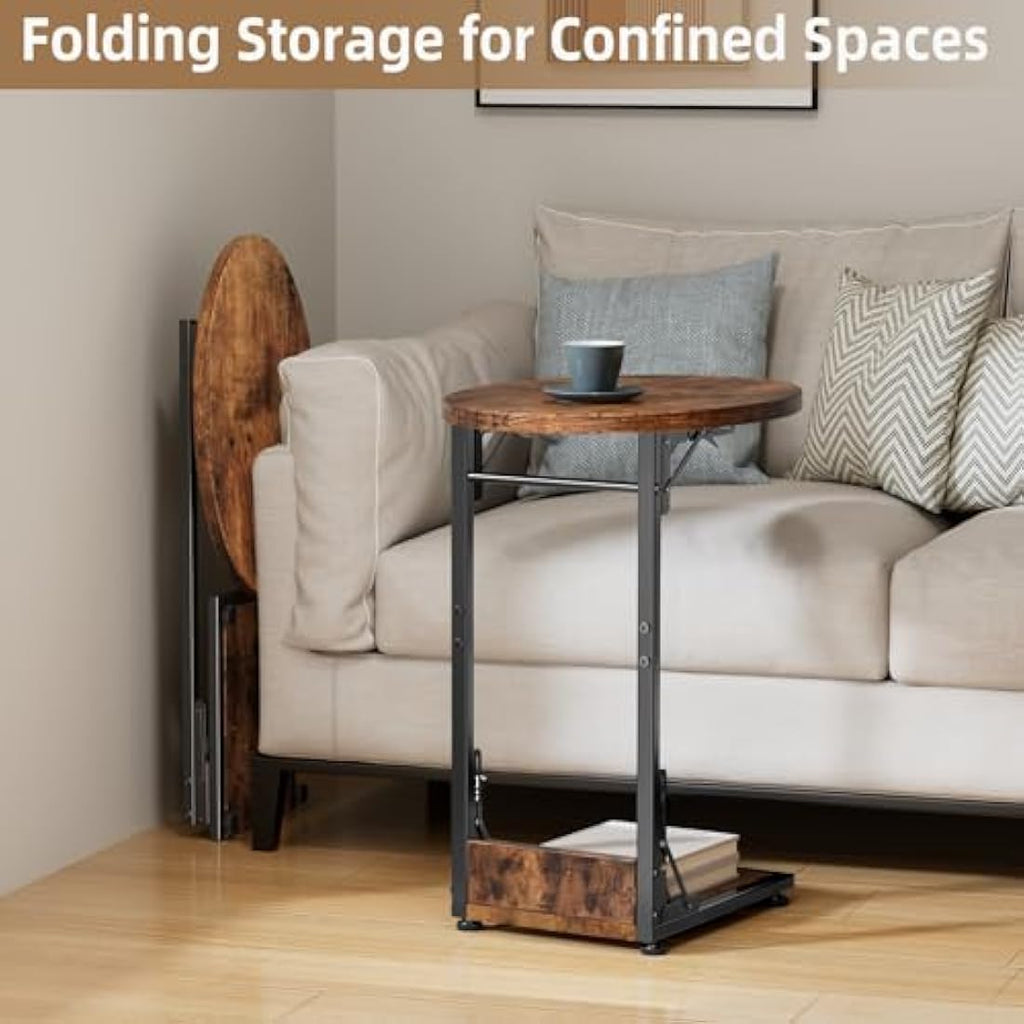 Mutool Foldable C Shaped Side Table | Rustic Round Sofa End Table