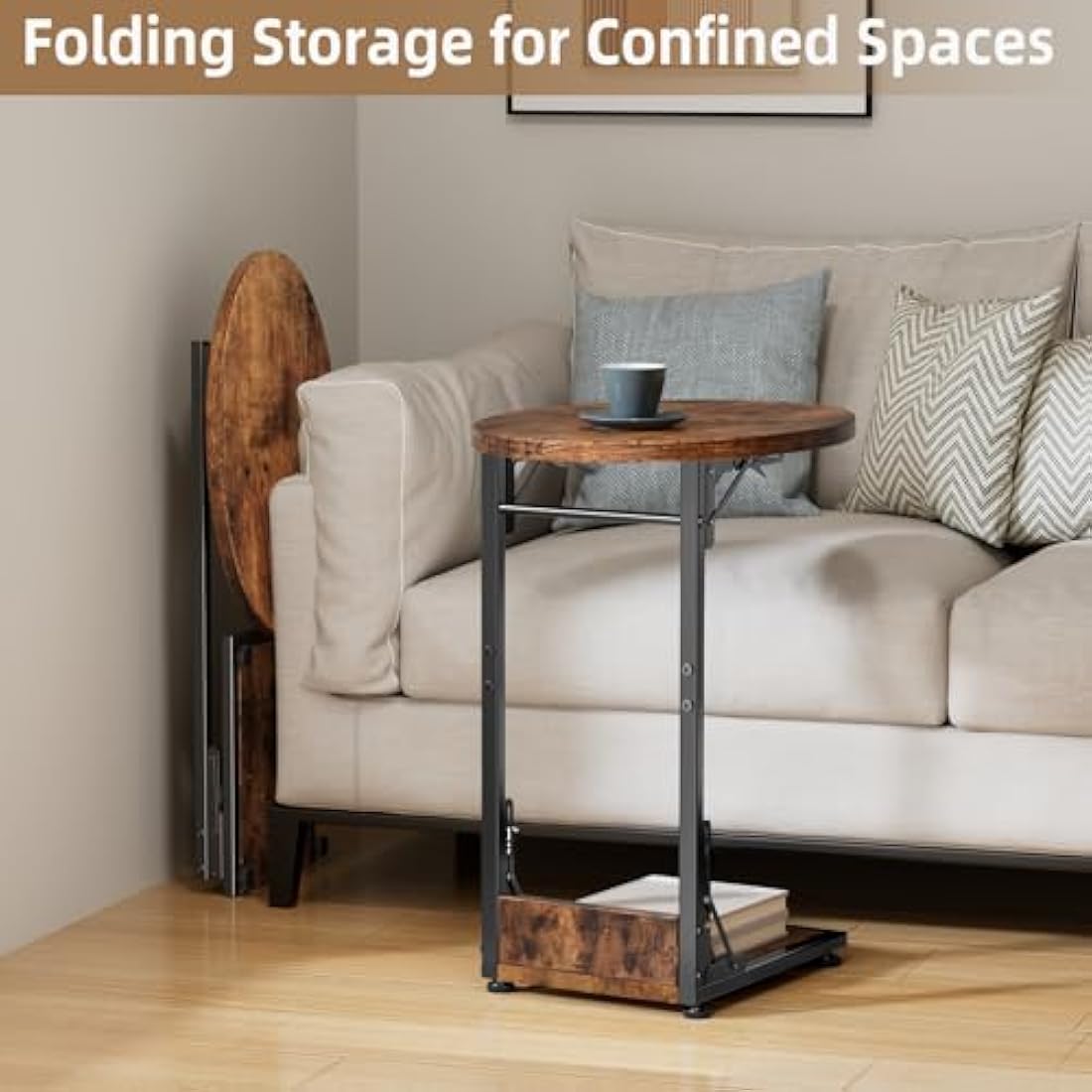 Mutool Foldable C Shaped Side Table | Rustic Round Sofa End Table
