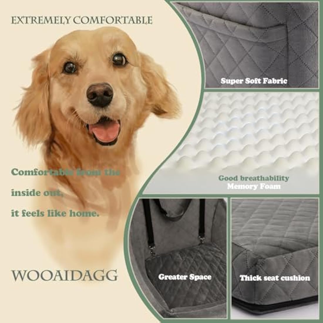 Wooaidagg Dog Car Seat – Memory Foam Pet Booster Bed with Safety Straps