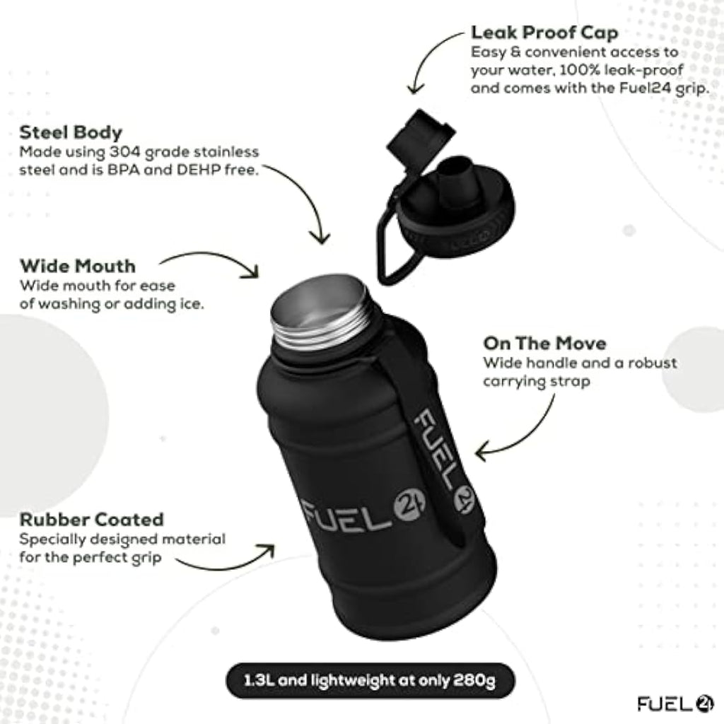 Fuel24 Stainless Steel Water Bottle – 1.3L Leakproof Gym Jug