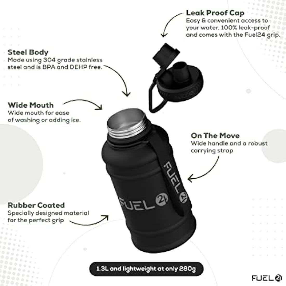 Fuel24 Stainless Steel Water Bottle – 1.3L Leakproof Gym Jug