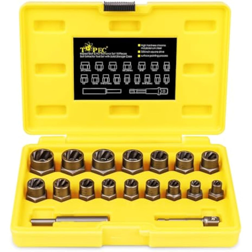 TOPEC 18-Piece Bolt Extractor Set | Impact Nut Remover for Damaged Bolts