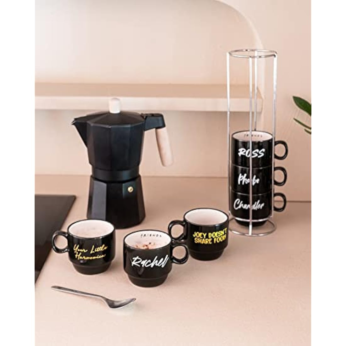 Friends TV Show Stacking Mugs Set of 6 with Stand - 5.4oz Porcelain Cups