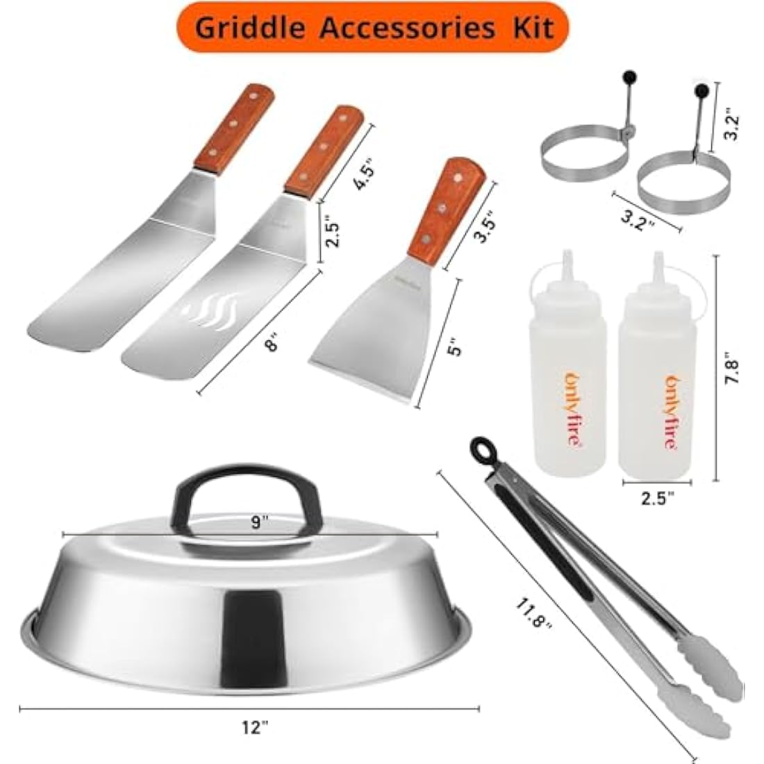 Onlyfire 9-Piece BBQ Griddle Spatula Tool Kit with 12" Melting Dome