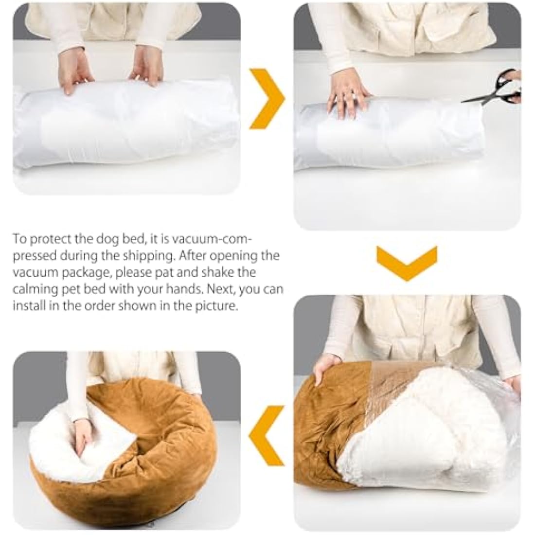 MICOOYO Hooded Donut Dog Bed – Calming Faux Fur Cave Bed, Wheat, Large