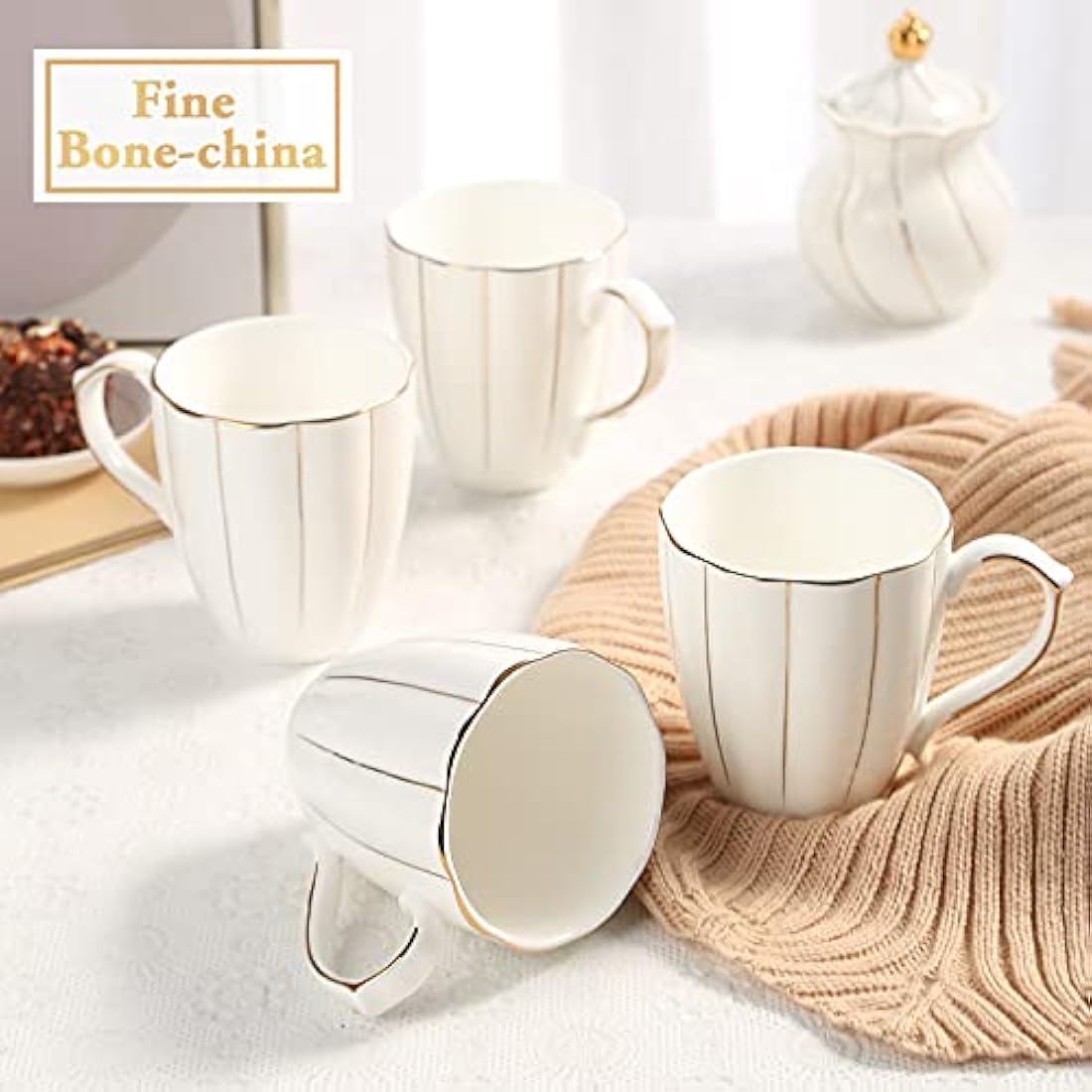 DUJUST Bone China Coffee Mug Set of 4 | Luxury Gold Trim Pumpkin Cups
