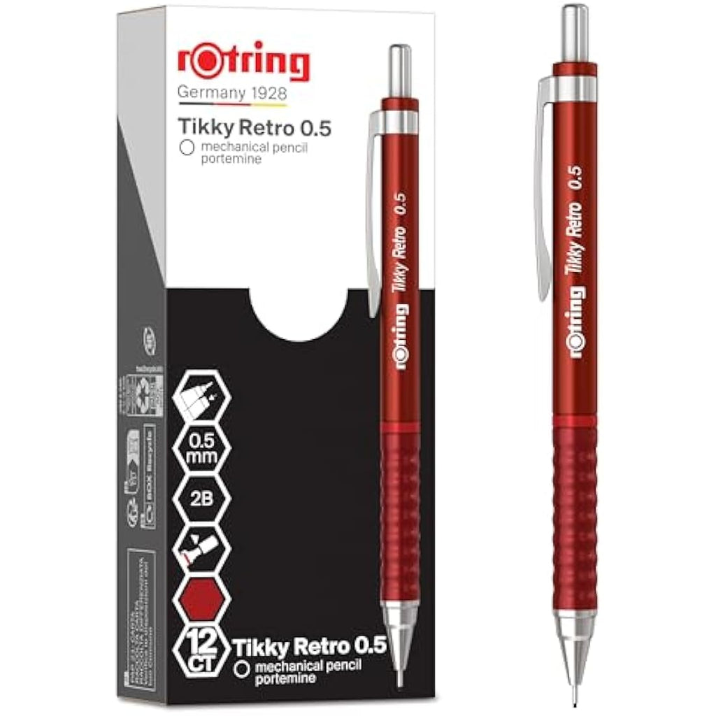 rOtring Tikky Retro Mechanical Pencils | 0.5mm 2B Red Barrel | 12 Count