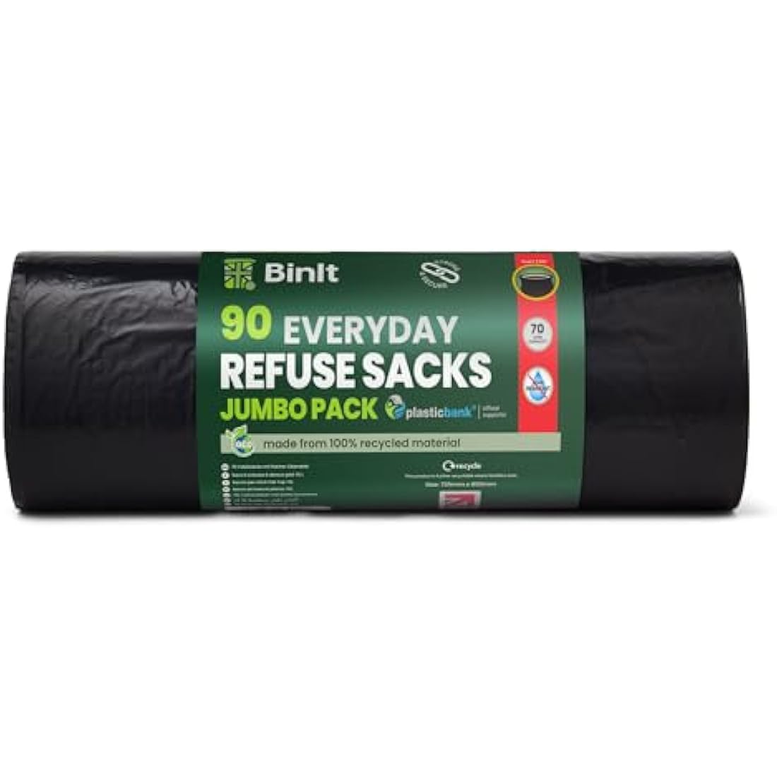 Jolof Store 70L Recycled Refuse Sacks | 90 Pack Tear Resistant Bin Bags