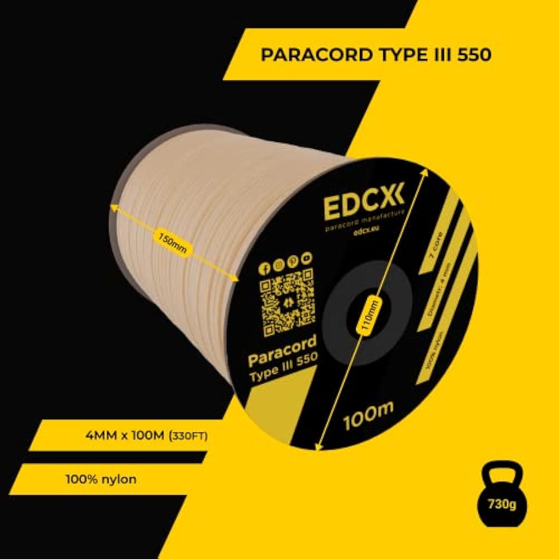 EdcX 550 Paracord Type III – 4mm Nylon Rope for DIY and Camping