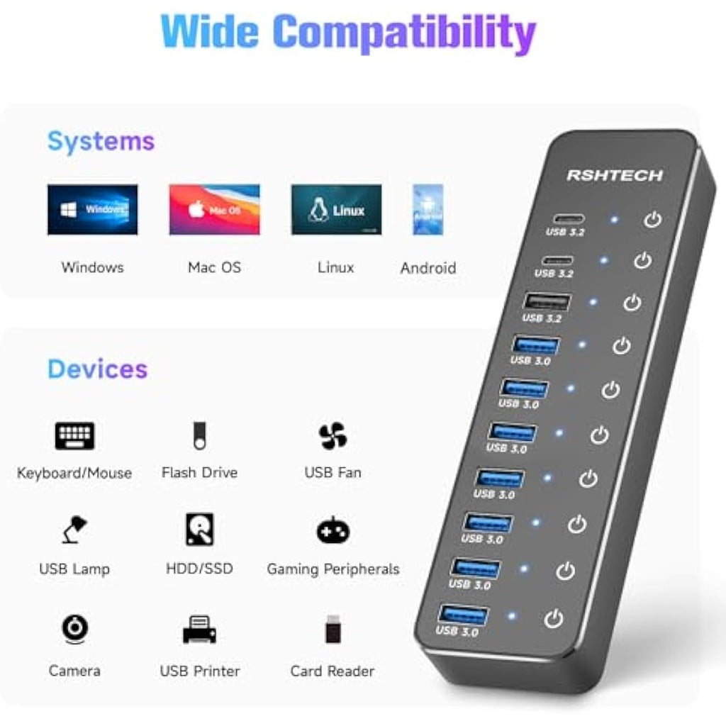 RSHTECH 10-Port Powered USB-C Hub – 10Gbps USB 3.2 Data Splitter with 60W Adapter
