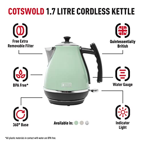 Haden Cotswold Green Electric Kettle – Retro Stainless Steel, 3KW